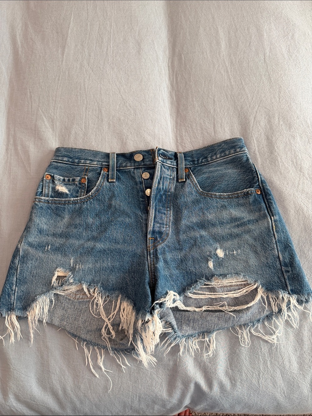 Levi's Blue Distressed Denim Cutoff Shorts with Frayed Hem